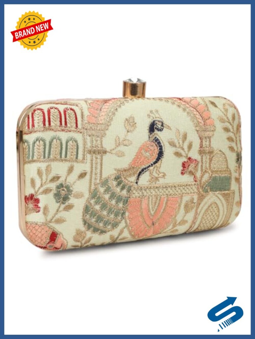 Handmade Silk Clutch with Zari Embroidery, Snap Clasp, Evening Bag